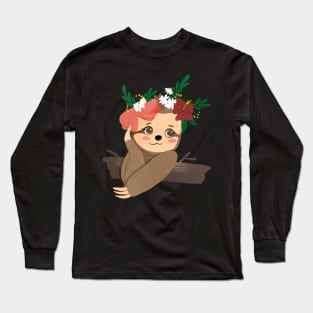 cute little sloth with flower crown Long Sleeve T-Shirt